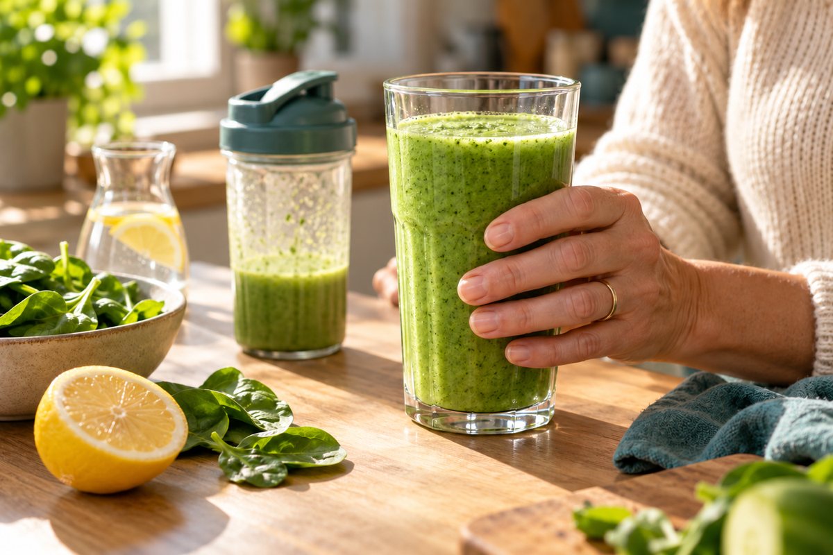 Eine Hand greift nach einem Glas grünem Morgenshake auf der Küchenarbeitsplatte, mit Spinat, Zitrone und einer Karaffe Wasser