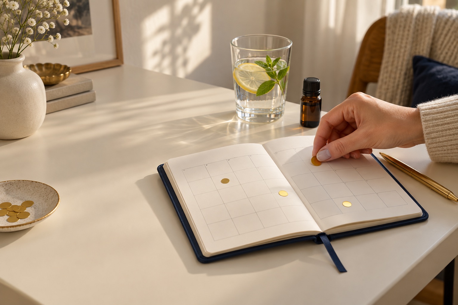 Eine Hand klebt einen goldenen Punkt auf einen Tag im Planer