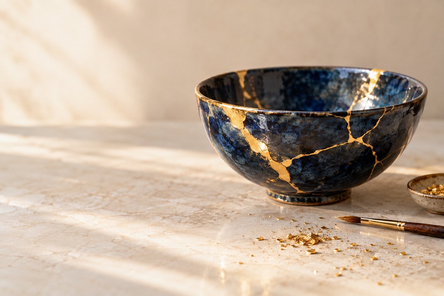Eine dunkelblaue Schale, mit goldenen Nähten repariert (Kintsugi)