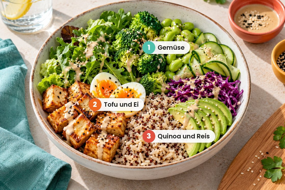 Eine GOOD. Bowl mit Nummern: 1 Gemüse, 2 Tofu und Ei, 3 Quinoa und Reis