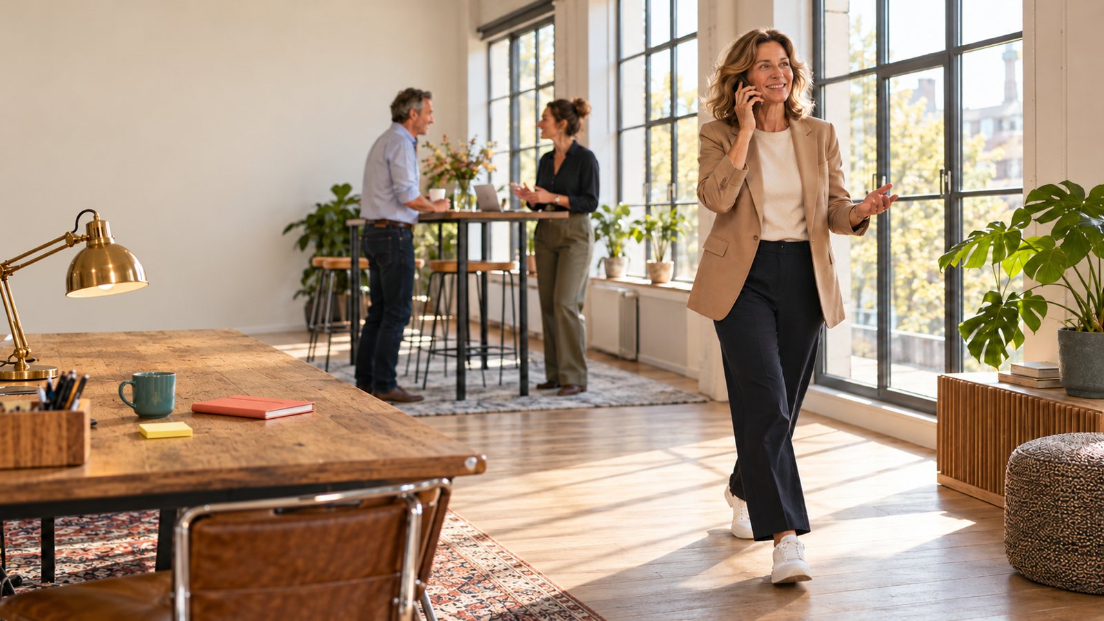 Eine Frau geht telefonierend an der Fensterfront eines hellen Büros entlang, hinter ihr besprechen sich zwei Kollegen im Stehen