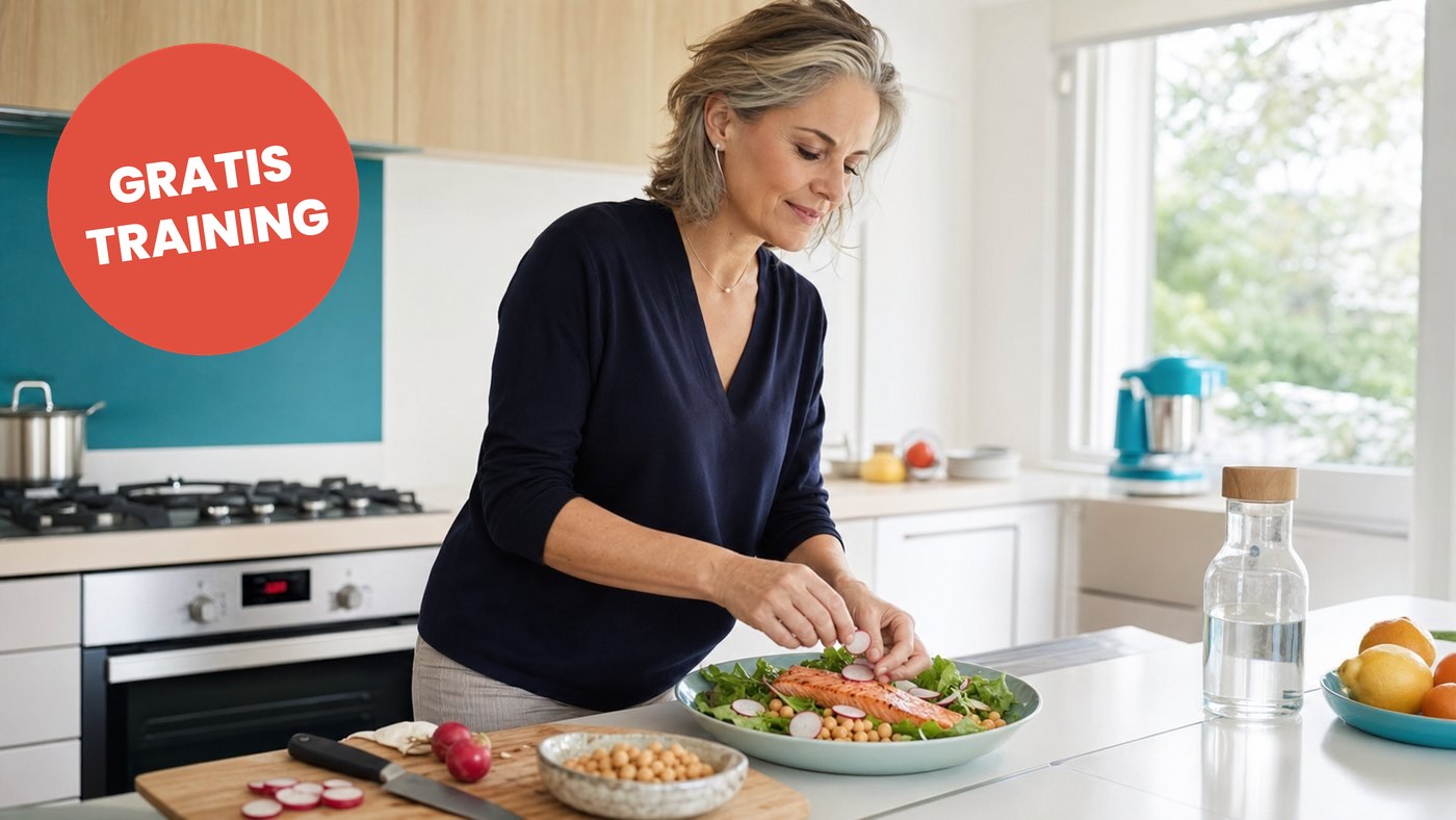 Frau in einer hellen Küche richtet einen Salat mit Lachs und Kichererbsen an